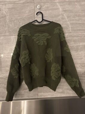 Cider Olive Green Textured Patch Crewneck Sweater